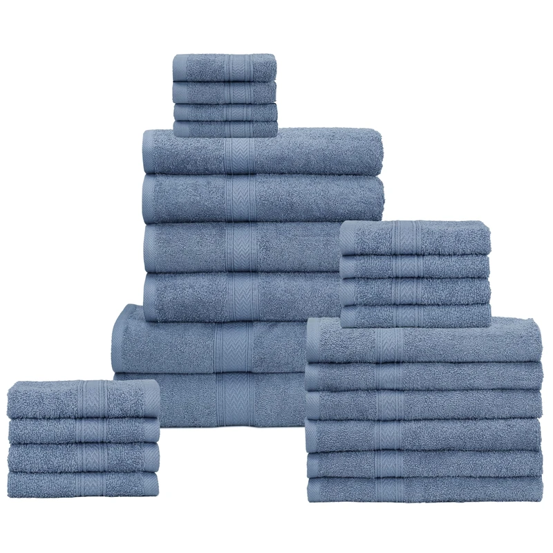 HILLFAIR 24 Piece Bath Towel Set - 100% Cotton - 2 XXL Oversized Big Towels, 4 Bath Towels, 6 Hand Towels, 4 Fingertip Towels, 8 Washcloths: Blue