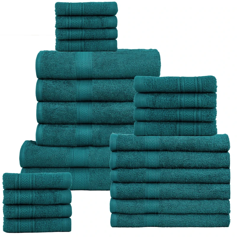 HILLFAIR 24 Piece Bath Towels Set for Bathroom- 100% Cotton 24 PC Bulk Pack Hotel Spa Towel Set- 2 XXL Oversized Big Towels, 4 Bath Towels, 6 Hand Towels, 4 Fingertip Towels, 8 Washcloths: Teal