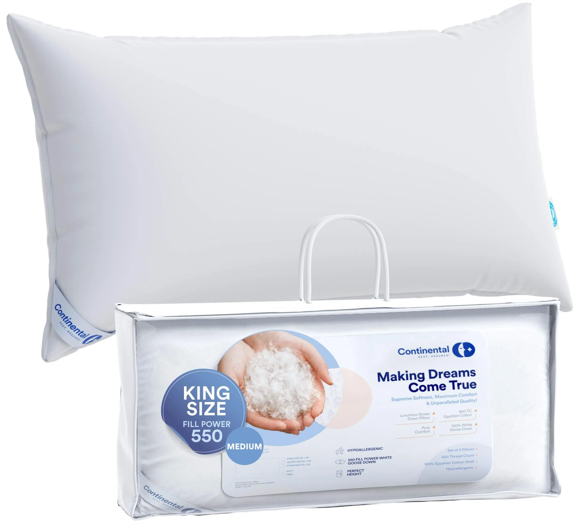 Continental Bedding Soft White Goose Down Pillow - 1 Pack King Size 20x36 Inch 30 Ounce - RDS Certified Cotton Pillow – USA Made Soft Down Pillows for Sleeping
