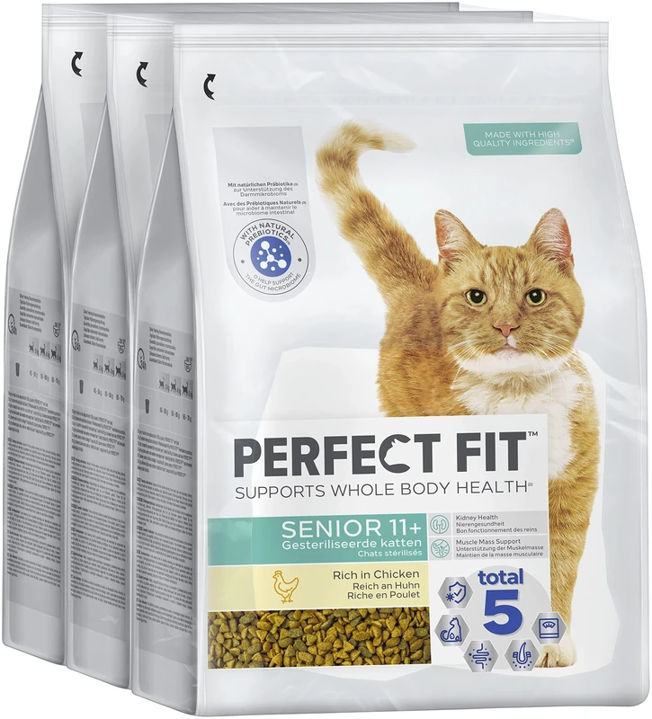 Perfect Fit Senior 11+ Complete Dry Cat Food for Senior Cats Aged 11+ Years, Rich in Chicken, 3 Bags (2.8 kg)