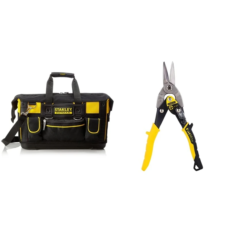 STANLEY FATMAX Open Mouth Rigid Tool Bag with Storage Compartment, Multi-Pockets Storage Organiser, 20 Inch, FMST1-71180 & Aviation Snips – Straight Cut (2-14-563)