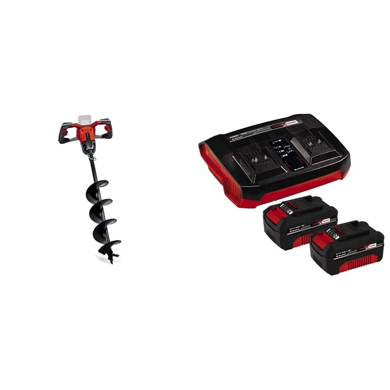 Einhell Power X-Change 18V Cordless Fence Post Auger & Power X-Change 18V, 4.0Ah Lithium-Ion Battery Twin Charger Starter Kit