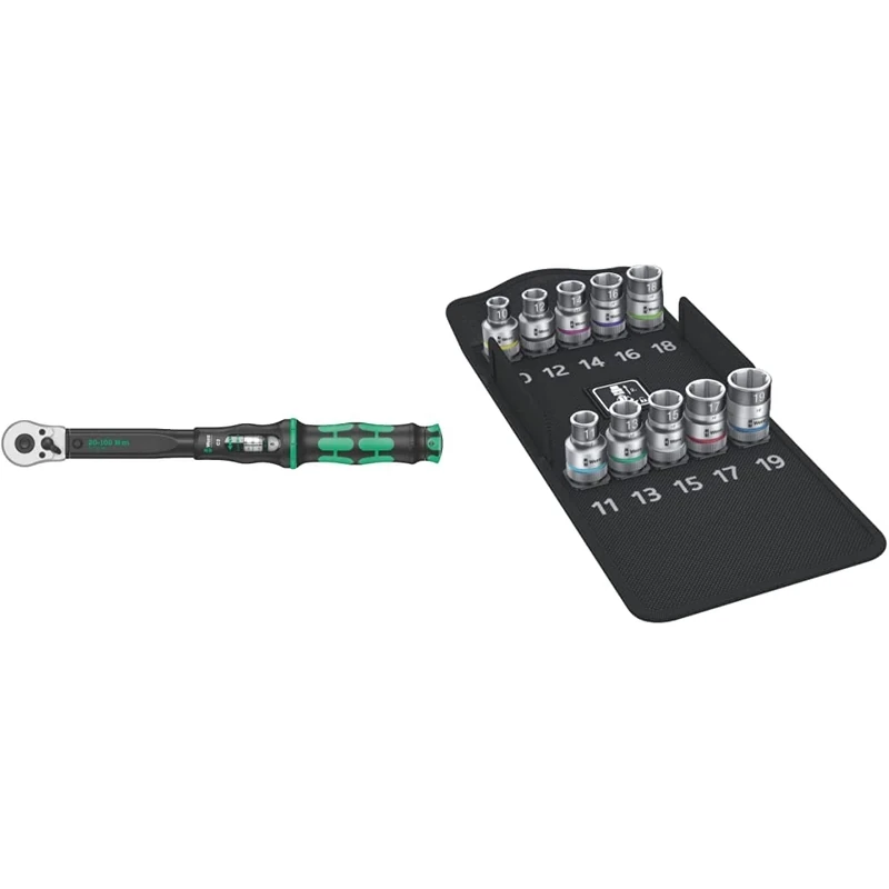 Wera Click Torque C 2 Adjustable Torque Wrench, 1/2" Square Drive, 20-100 Nm, 05075621001 & 8790 HMC HF 1 Zyklop Holding Function Socket Set, 1/2" Drive, 10pc, 05004203001