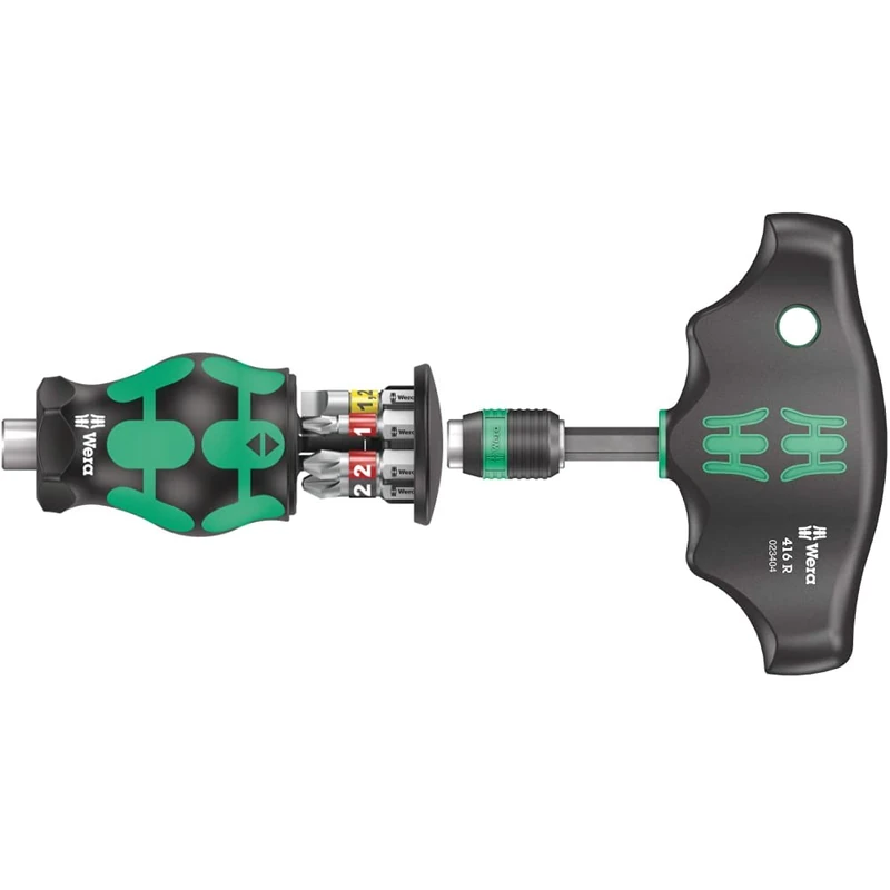 Wera Kraftform Kompakt Stubby Magazine 2, 6 Pieces, 05008874001 & 416 R T-Handle Bitholding Screwdriver Rapidaptor, 1/4" x 45 mm, 05023404001