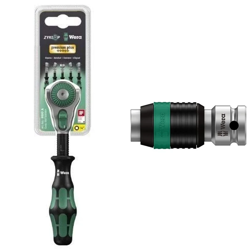 Wera 8000 A SB Zyklop Speed Multi-Function Ratchet, 1/4" x 152 mm, 05073260001 & 8784 A1 Cyclops Connector, 1/4 inch x 37 mm, 1 Piece, 05003529001