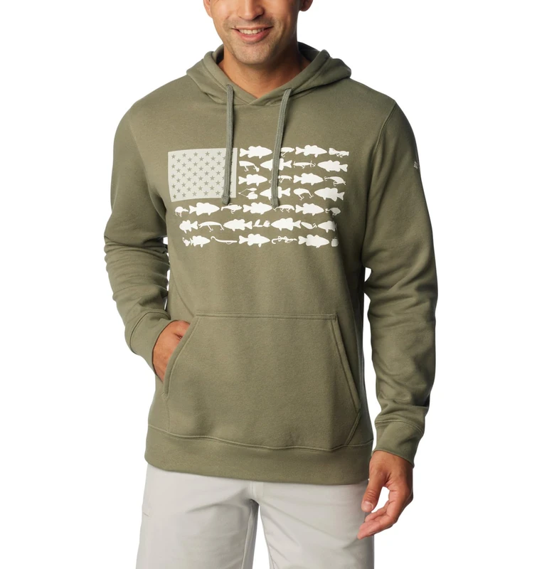 Columbia Men's PFG Fish Flag II Hoodie, Cypress/Cool Grey Bass Lures, XX-Large