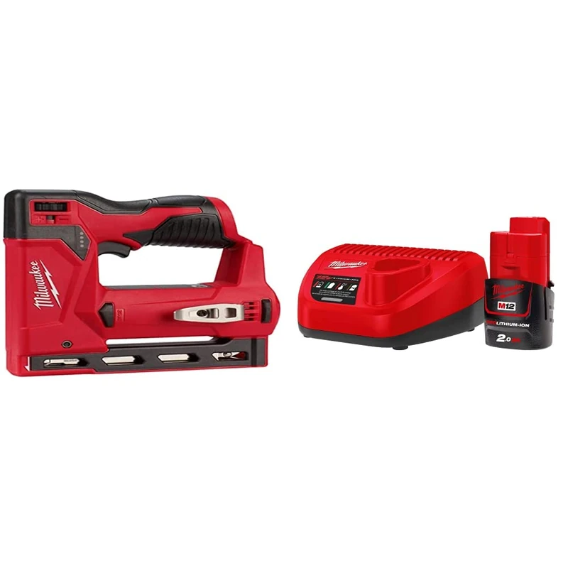 Milwaukee M12BST-0 12v Cordless Compact Stapler Body Only, Red & M12 NRG-201 Energy Pack 12V 1 x 2.0Ah Li-ion