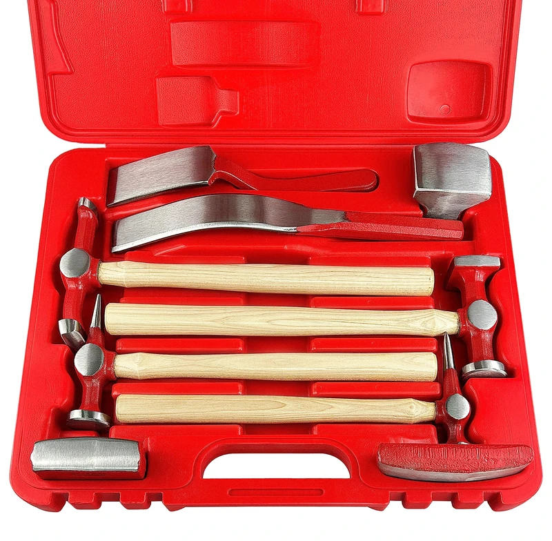 C&T 9 Piece Heavy Auto Body Repair Tool Hammer Dolly Set, Car Body Repair Tool Kit with Carrying Case, Hickory Handles,Fender Repair kit