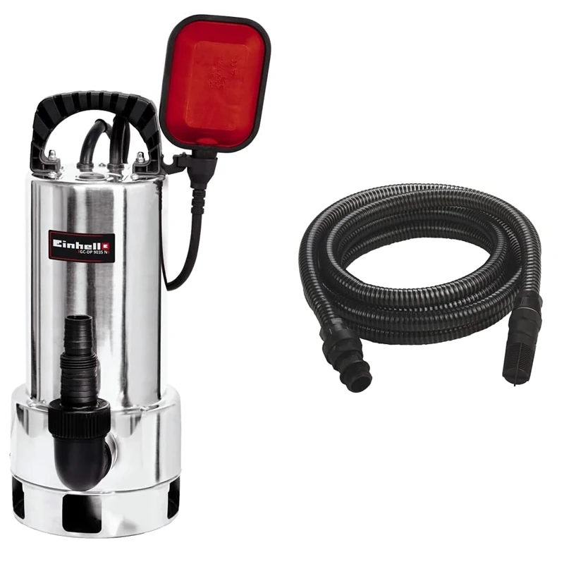 Einhell GC-DP 9035N Clean/Dirty Water Pump | 900W Stainless Steel Submersible Pump, 18,000 L/H & Accessory Kit Black Suction Hose 7 Meters with PVC end Fittings - max. : 35°