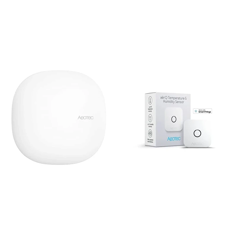 Aeotec Smart Home Hub - UK version & ZWA039 aërQ Temperature & Humidity Sensor, Z-Wave, SmartThings, White