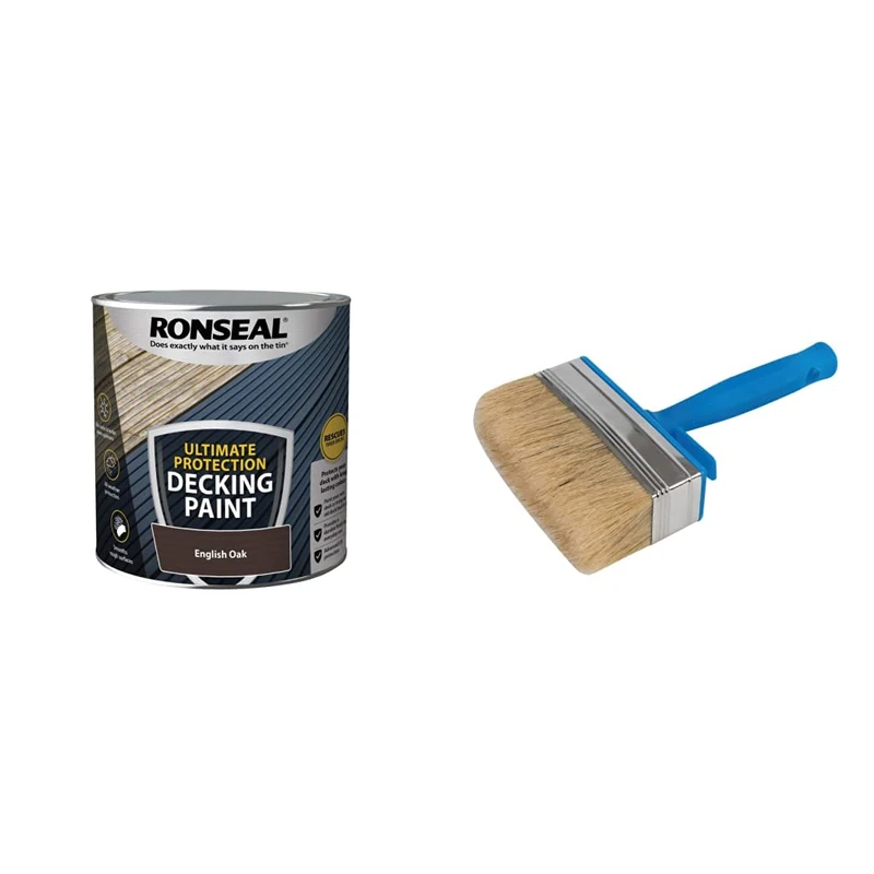 RONSEAL Ultimate DECKING Paint English Oak 2.5L & Silverline Block Brush 115mm / 4-1/2" (394974) - Image 1