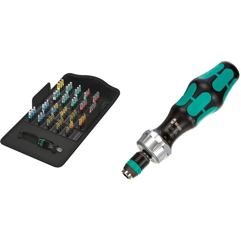 Wera Bit-Safe 61 BiTorsion 1 Comprehensive Torsion Bits and Holder Set in Pouch (for Drill/Drivers) 61 Piece, 05057441001 & 05051461001 1/4 x 142 816 RA Ratchet Screwdriver - Silver