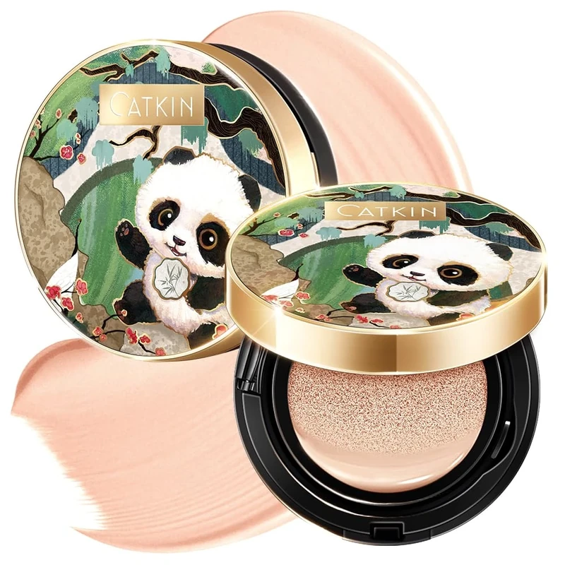 CATKIN Panda Land Foundation Full Coverage, Breathable Cushion Foundation with Nourishing and Long-wearing Formula for Sensitive Skin, Sheer Semi-matte Finish, Refill Included, 15g*2