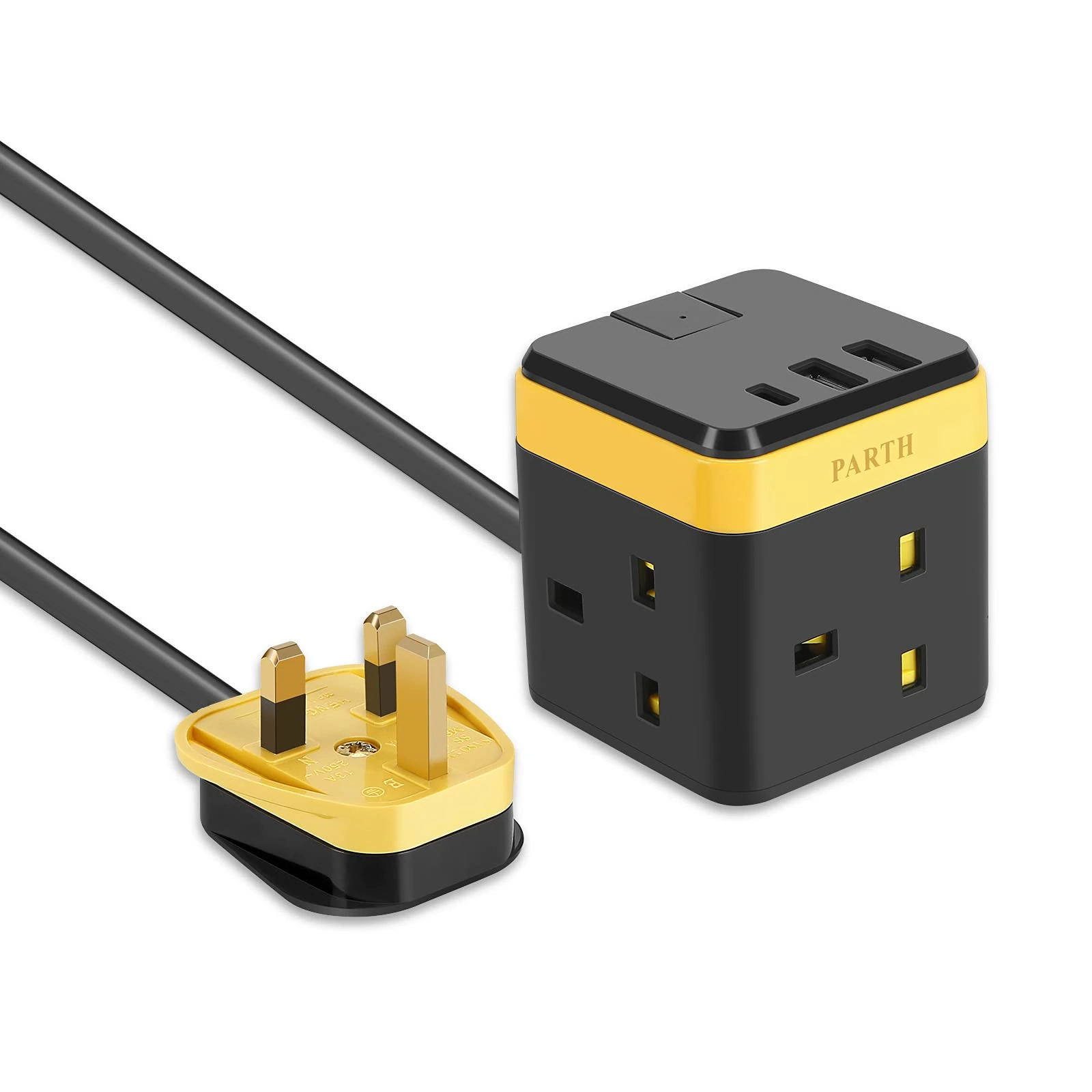Cube 3 USB Slot Extension Cord with Child Safety - 2M Long, 13A/3250W Multi Plug Socket with Switch, 3 Way 2 Metre Power Strip