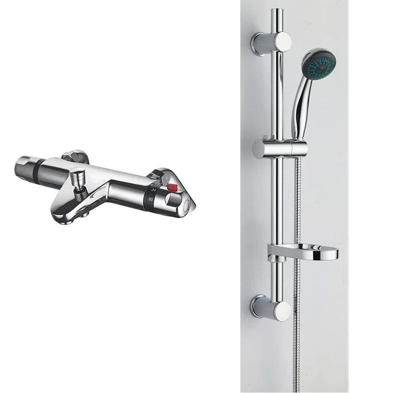 VeeBath Perth Deck Thermostatic Bath Shower Mixer Tap Bar Valve Bottom Entry & Beta Round Shower Kit Includes Bar Riser Rail/Shower Hose and Soap Dish