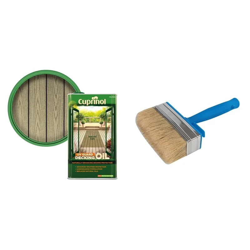 Cuprinol 5122415 Uv Guard Decking Oil_SML Exterior Woodcare, Natural Oak & Silverline Block Brush 115mm / 4-1/2" (394974)