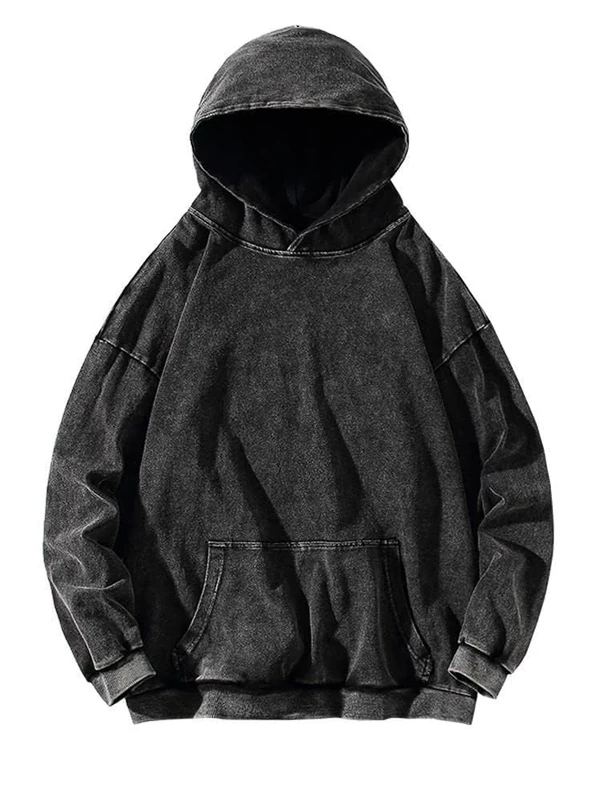 Washed Hoodies Cotton Men's Clothing Vintage Black Acid Wash Casual Pullover Men Hiphop Sweatshirts Y2K Clothes Streetwear (Black,L)