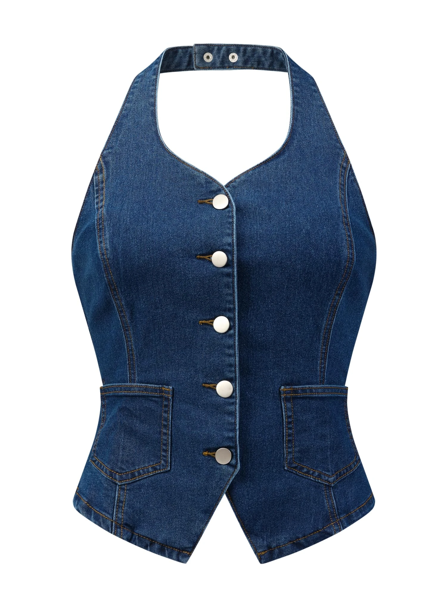 Allegra K Denim Vest for Women's Halter Neck Button Down Backless Jean Waistcoat Dark Blue L