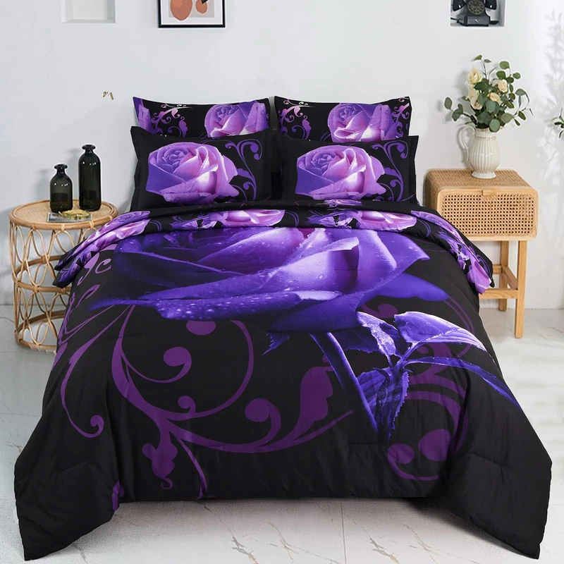 Floral Comforter Set King 7 Piece Bed in a Bag Purple Rose Flower Comforter with Sheet Set Soft Micorfiber Bedding Set (1 Comforter,2 Pillow Shams,1 Flat Sheet,1 Fitted Sheet,2 Pillowcases)