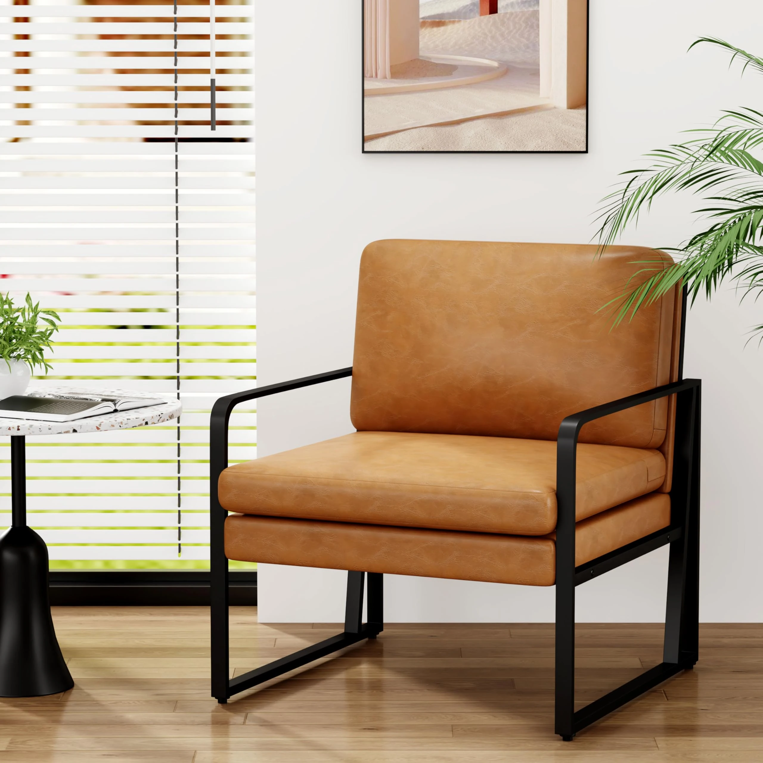 Andeworld Modern Accent Chair, Mid Century Living Room Armchair, Upholstered Faux Leather Sofa Side Chair with Metal Legs for Reading,Lounging,Bedroom Apartment,Brown