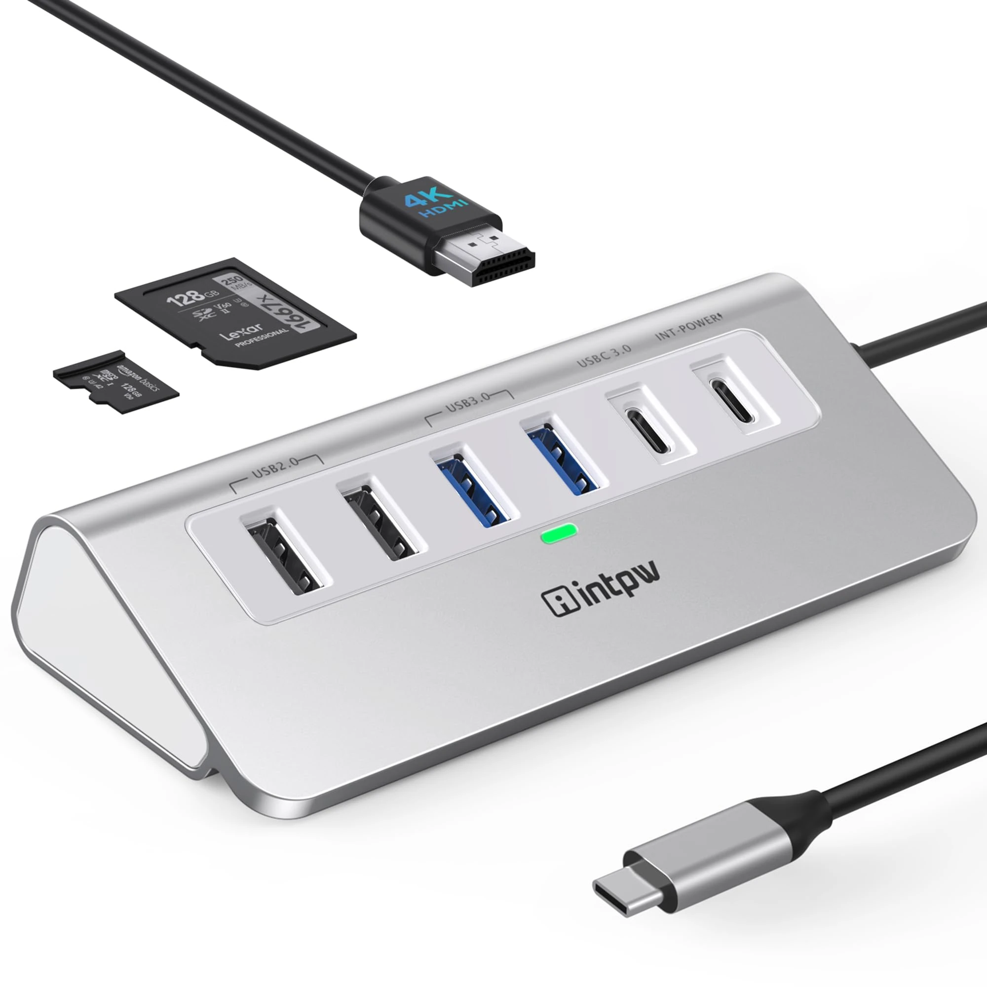 Intpw USB C Hub, 9-IN-1 USB C Hub Multiport Adapter with 4K HDMI, PD 100W, Type C and 2 Type A 3.0 5Gbps, 2 Type A 2.0, SD/TF and Aluminium USB HUB for Laptop/iPhone15/16 series/MacBook Air/Pro