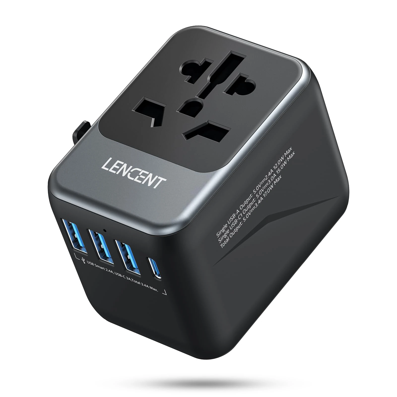 LENCENT Universal Travel Adapter, International Charger with 3 USB Ports & Type-C Charging Adaptor for Cellphones,Laptop, All in One Travel Plug Adapter for Over 200 Countries (USA UK EU AUS), Grey