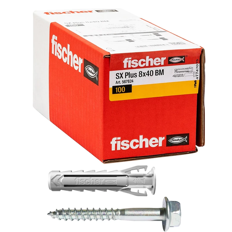Fischer 100 x SX Plus BM Dowels with Hex Head Screw 8x40mm for Full Wall, Perforated Brick, Masonry, Concrete, for Fixing Chandeliers, Furniture, Wall cabinets, Shelves, 567624