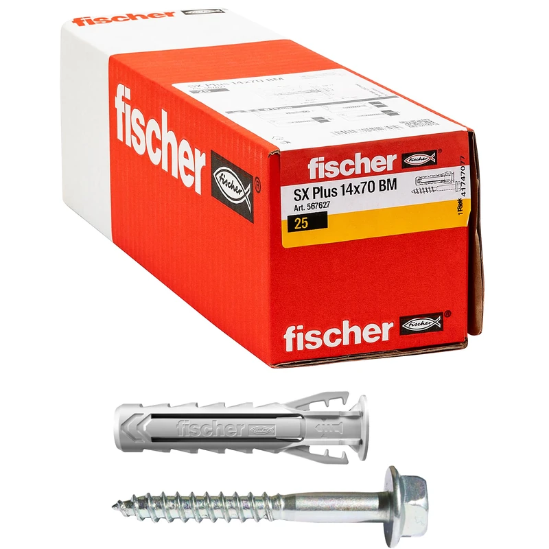 Fischer 25 x SX Plus BM Dowels with Hex Head Screw 14x70 mm Full Wall, Perforated Brick, Masonry, Concrete, for Fixing Chandeliers, Furniture, Wall cabinets, Shelves, 567627