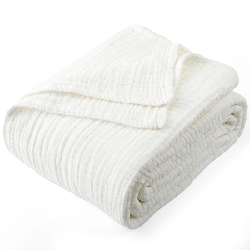 Carriediosa 100% Cotton Muslin Throw Blanket 70" X 80" Twin Size，4-Layers Summer Gauze Throws for Bed Couch，Soft Lightweight Breathable Linen Blankets Bedspread for Adults All Season，White