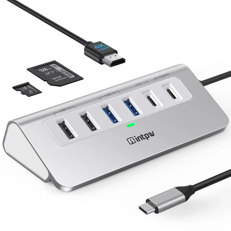 Intpw USB C Hub,9-IN-1 USB Hub 3.0 with Lable 3.28FT,4K HDMI, 2USB-A 3.0, PD 100W, 2USB-A 2.0, USB-C 3.0, SD/TF, Aluminium Docking Station for iPhone16 MacBook Air/Pro/Laptop/Mac OS/Windows