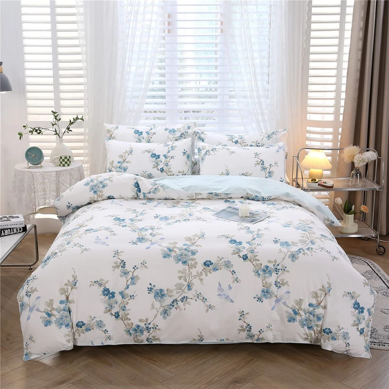 URBONUR Full Size Duvet Cover Sets Light Blue Garden Floral Bedding Comforter Cover, Ultra-Soft & Breathable Duvet Sets for All Season, Button Closure & Corner Ties