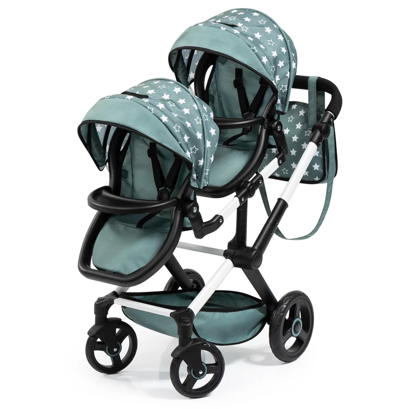 Bayer Design 26758AA Twin dolls pram, carriage, double stroller, adjustable and reversible handle, swivel front wheels, seats variable fixable, bag - 3+ ages