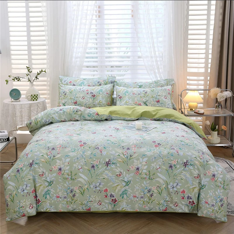 URBONUR Green Floral Duvet Cover Set Full Size 100% Egyptian Cotton Percale Bedding Set Farmhouse Butterfly Print Comforter Cover with Button Closure (3Pcs, Full)