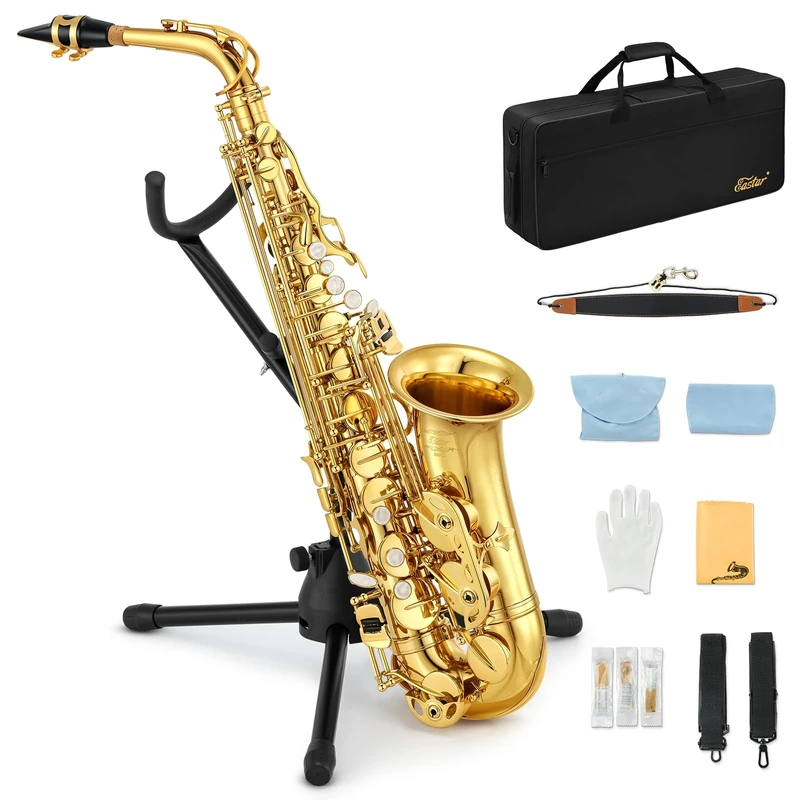 Eastar AS-Ⅱ Student Alto Saxophone E Flat Beginner Sax Full Kit, Carrying Case, Mouthpiece, Straps, Reeds, Stand, Golden Lacquer