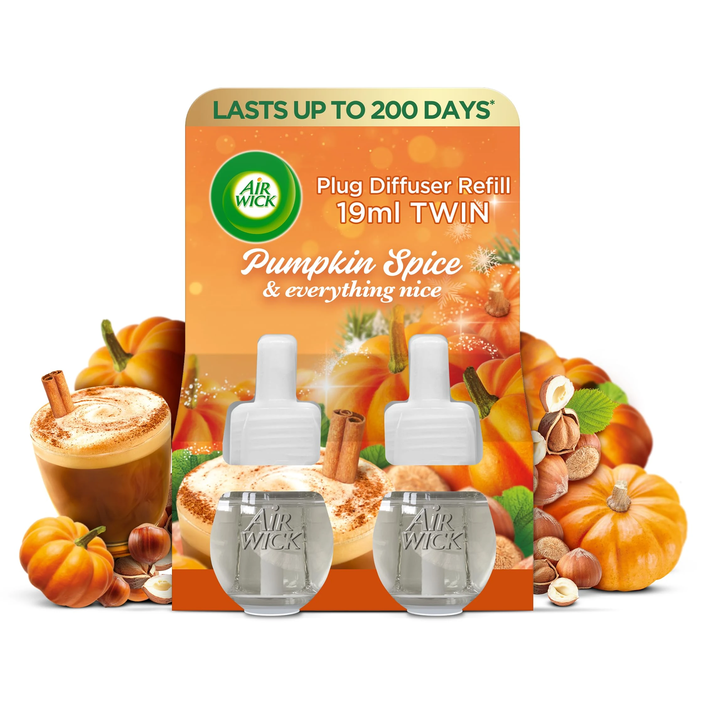 Airwick Plug in Diffuser Twin Refill, Pumpkin Spice & Everything Nice, Pack 1 x 19ml, Long Lasting Fragrance, Lasts up to 200 days, Plug in Air freshener