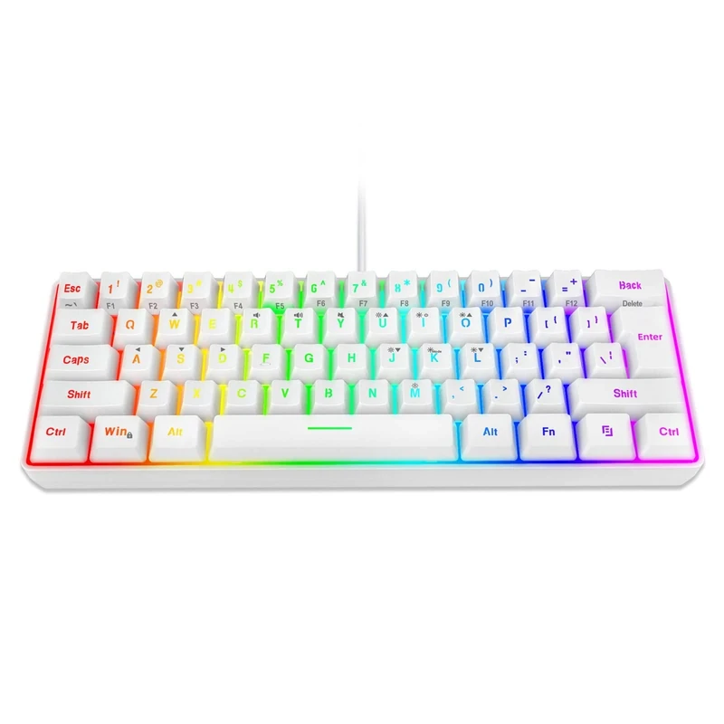 Uezeth Mechanical Keyboard, 60% Wireless Mechanical Keyboard 26 Rgb Backlit Wired UK Layout 61 Keys, USB Gaming Keyboard for Windows Macos Linux (White)