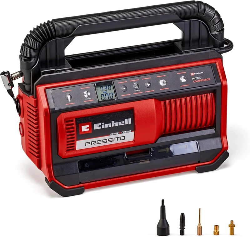 Einhell Power X-Change Hybrid Air Compressor - 3-in-1: High-Pressure Pump (Max. 11 Bar), Low-Pressure Inflator and 25 l/min Deflating - PRESSITO 18/25 Cordless Air Compressor (Battery Not Included)