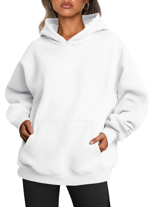 Trendy Queen Womens Oversized Hoodies Fleece Sweatshirts Long Sleeve Sweaters Pullover Fall Outfits with Pocket, White, Medium