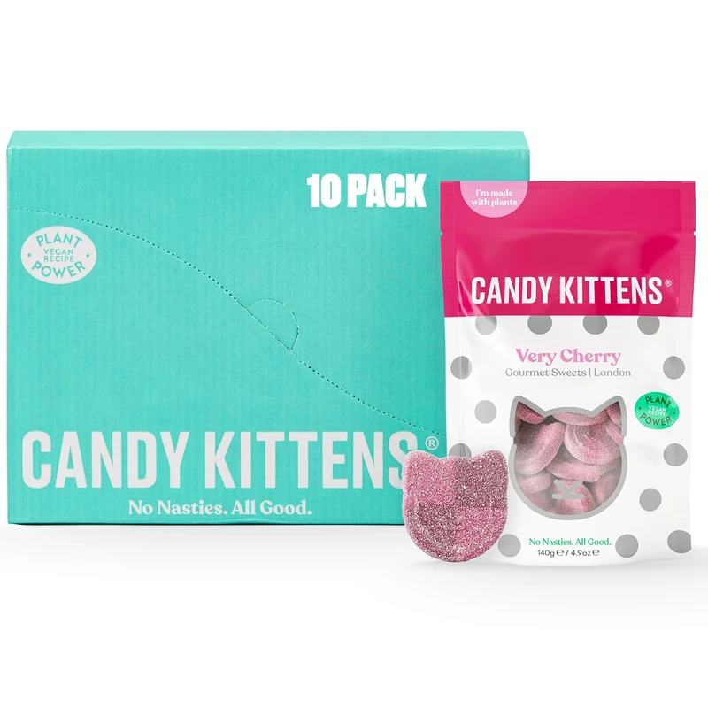 Candy Kittens Vegan Sweets, Very Cherry – Plant-Based Vegan Treats with Fruity Flavours, No Nasties, Made with Real Fruit Juice – Ideal Snacks for Sweet Hampers & Pick and Mix – 140g, Pack of 10