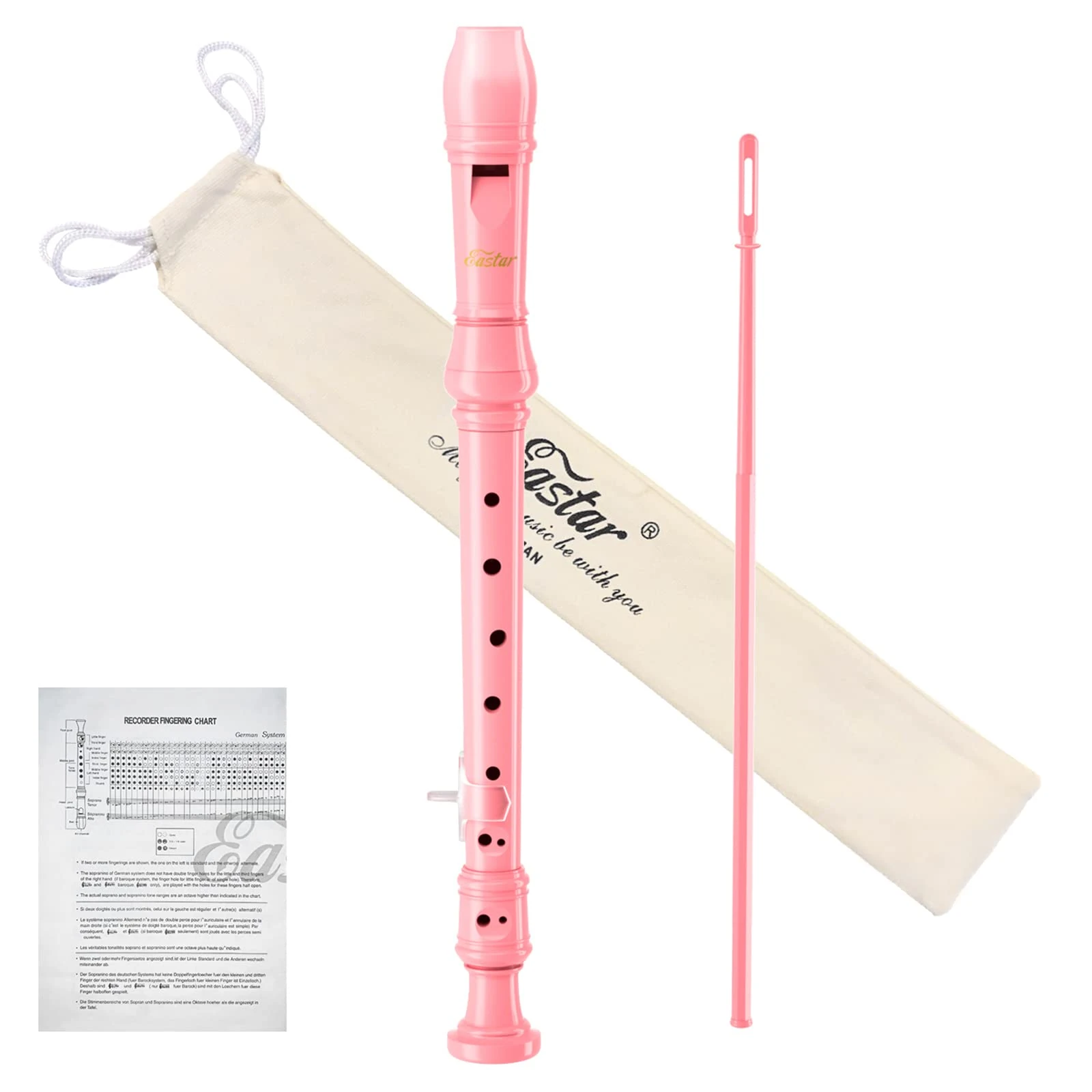 Eastar Soprano Recorder Instrument for Kids Beginners, German Fingering C Key with Cleaning Kit, Thumb Rest, Cotton Bag, Fingering Chart, ERS-21GP, Pink, School-Approved