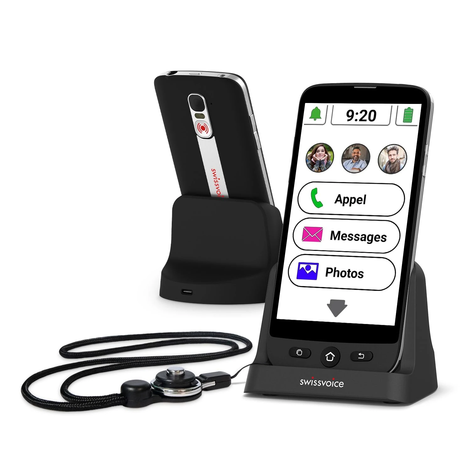 SWISSVOICE - Smartphone S510-C + Charging Cradle + Neck Strap - Easy to use - Big Buttons - SOS Geolocation Button - Smartphone Seniors 4G - Unlocked - Black