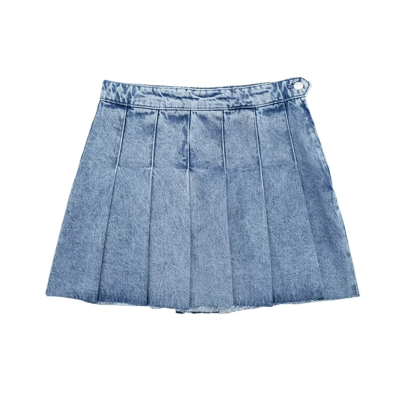 Hdhdeueh Women Blue Pleated Denim Mini Skirts High Waist Button Short Jean Skirt