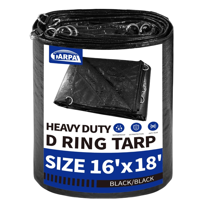 Tarp 16x18 D-Shaped Metal Ring Heavy Duty Tarps 14mil Waterproof UV Resistant Triangular Design Reinforced Corners and Edges by TARPAL（Black）