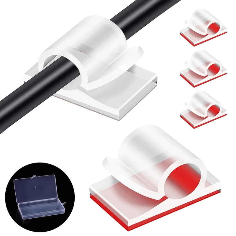 Large Cable Clips with Storage Box, 100pcs Transparent Adhesive Cable Holder Clips, Outdoor Light Wire Clips Cable Tidy Hooks Cord Organiser for Cable Management, Home Office Desk Wall, 14x20mm