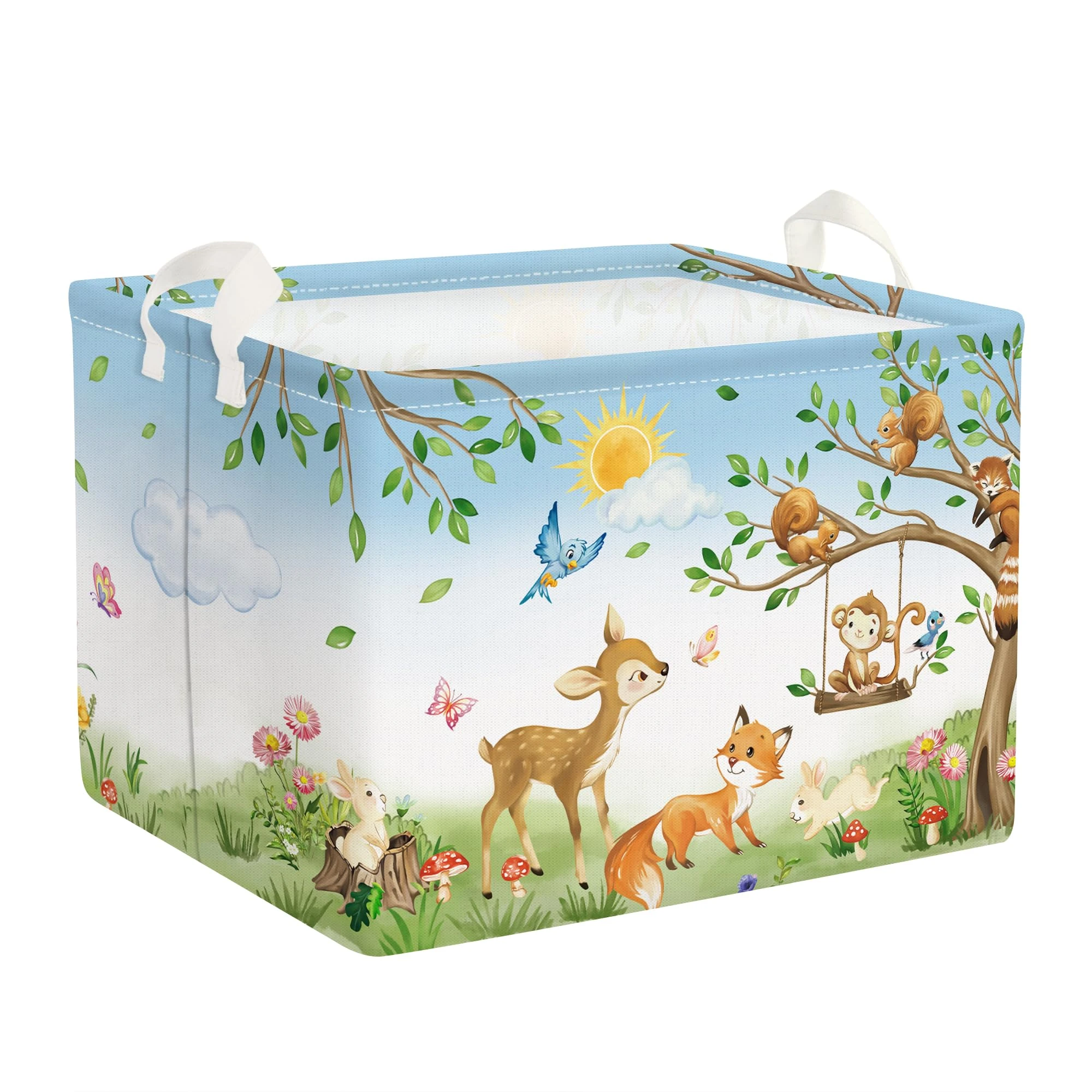 Clastyle Forest Animal Baby Laundry Hamper Collapsible Branch Clothes Kids Storage Basket Waterproof Boys Girls Toy Box for Nursery Room, Deer Fox Monkey, 40*30*30 cm