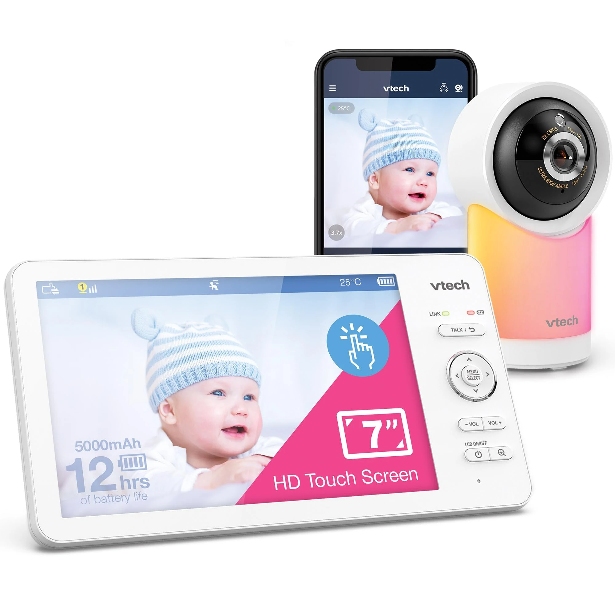 VTech RM7768HD Smart Wi-Fi Baby Monitor with 7"Touch Screen and 1080p HD Camera,360Â Pan&Tilt,135°Wide View,Night Light,Soothing Sounds,Temperature Sensor,Motion Detection,Mobile Connect,iOS/Android