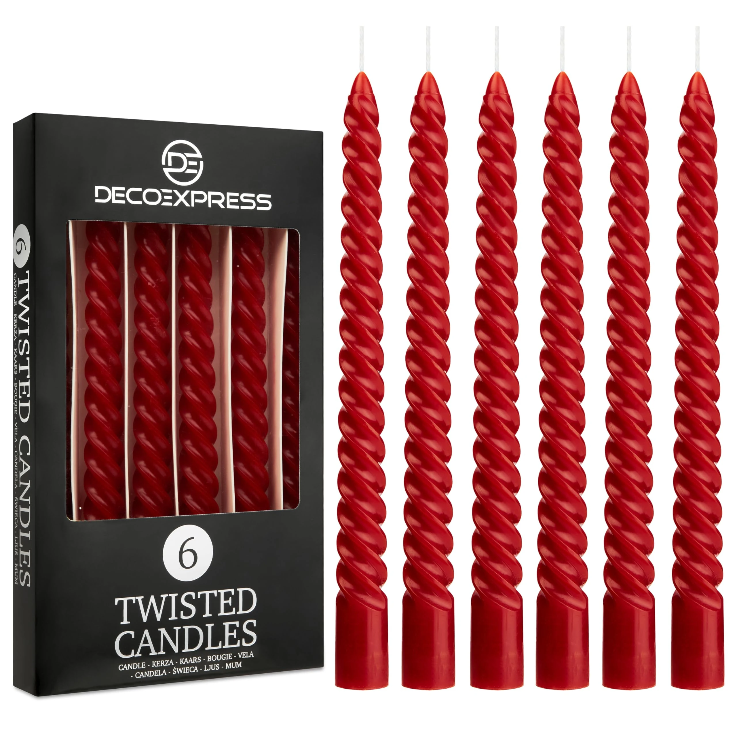 DECO EXPRESS Dinner Candles Pack of 3 or 6 Twisted Non Drip Coloured Spiral Candles Long Lasting 6 Hours Burn Non Scented (Red, Pack of 6)