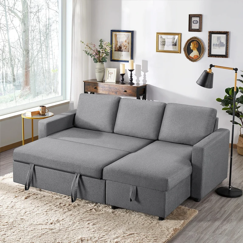 Yaheetech L-Shaped 3 Seater Sofa Bed with Trundle - Light Grey - Image 1