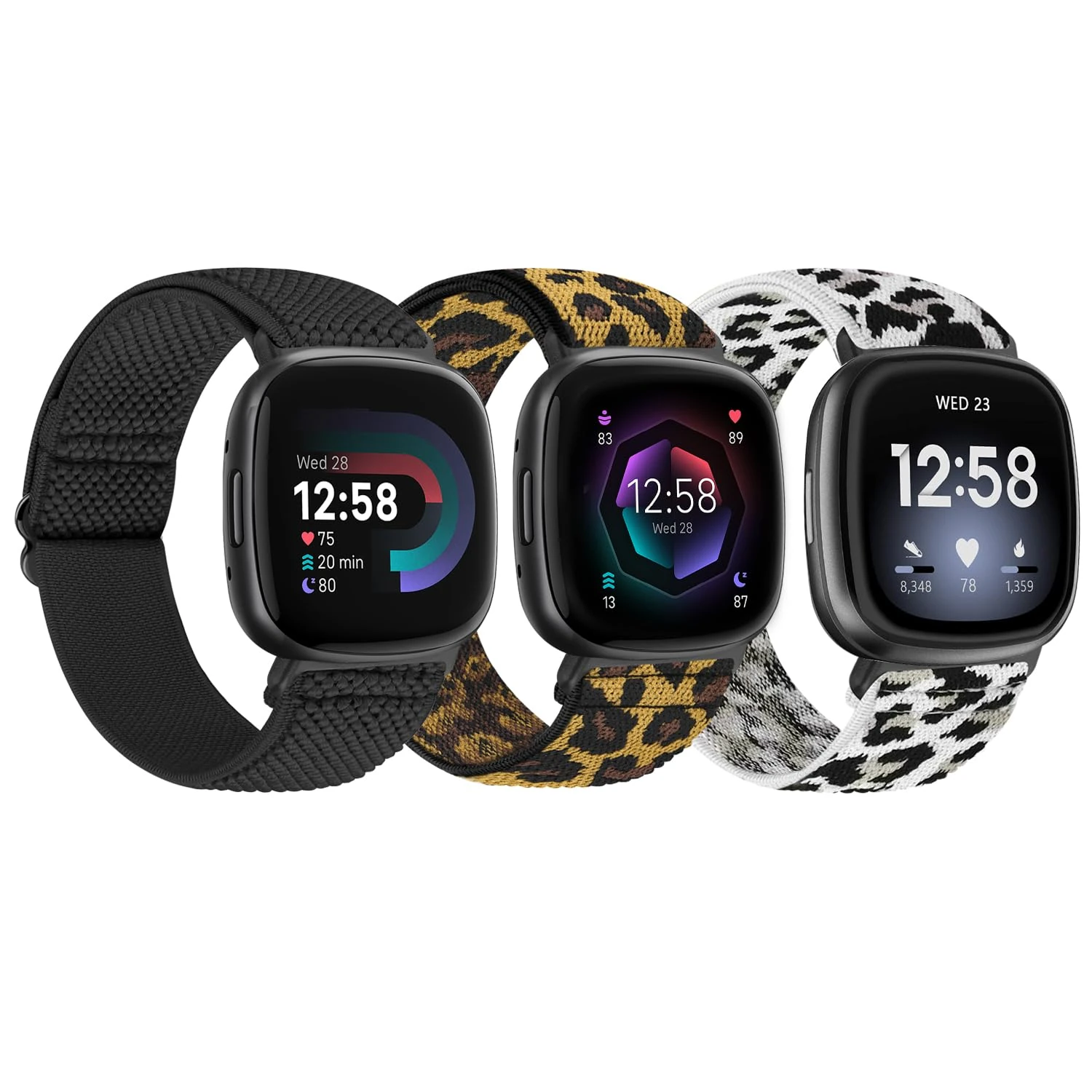 TumpCez Elastic Nylon Strap Compatible with Fitbit Versa 4/Sense 2/Sense/Versa 3, Soft Adjustable Stretchy Wristbands Sport Replacement Straps, Men, Black+Yellow Leopard+White Leopard