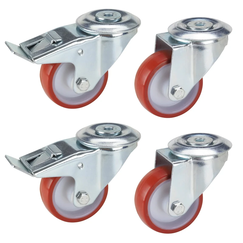 Dörner + Helmer Set of 4 Transport Equipment Swivel Castors 80 mm PU, Back Hole 10.2 mm, Roller Mix, Load Capacity 400 kg/Set